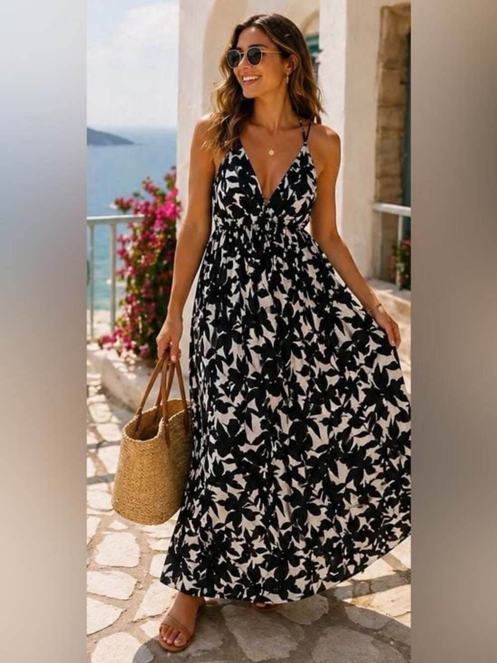 Forever 21 Black & White Floral Halter Maxi Dress XL Vacation Resort cruise Wear